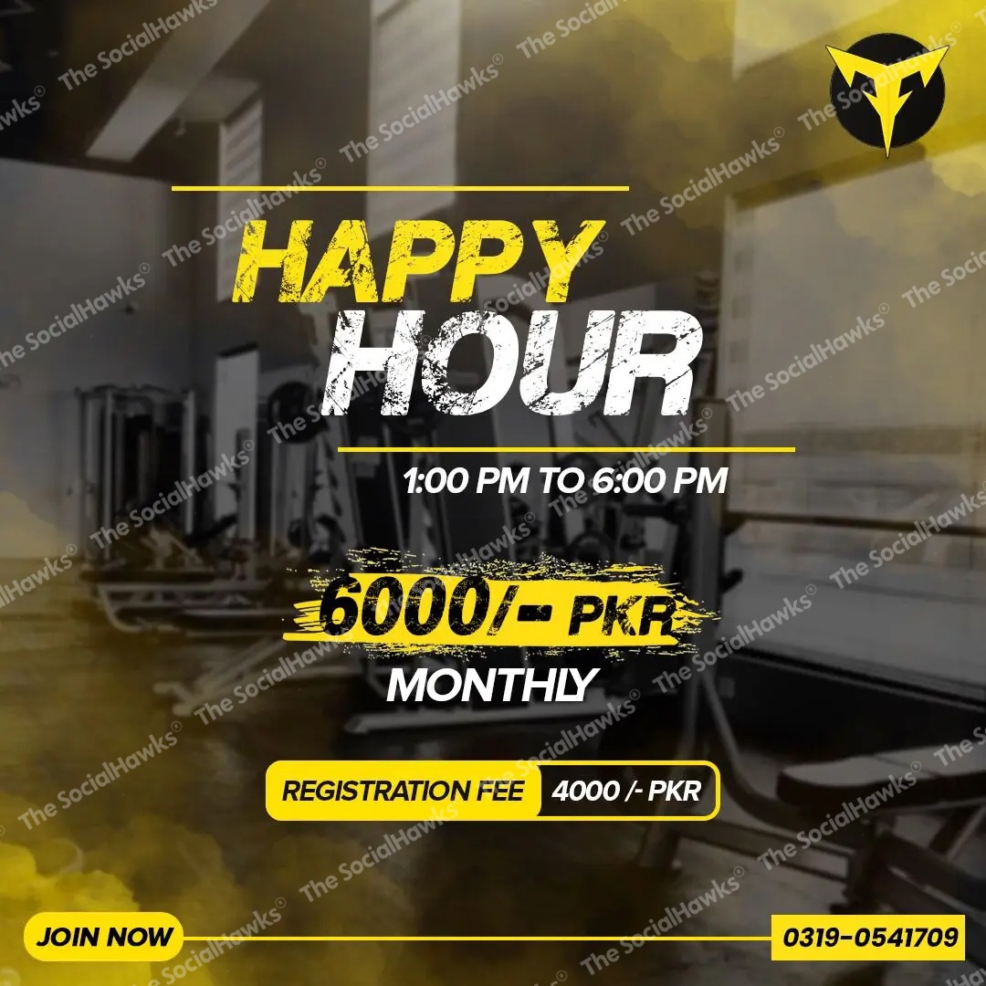 MFit Happy Hour membership offer at 6000 PKR monthly with gym equipment background